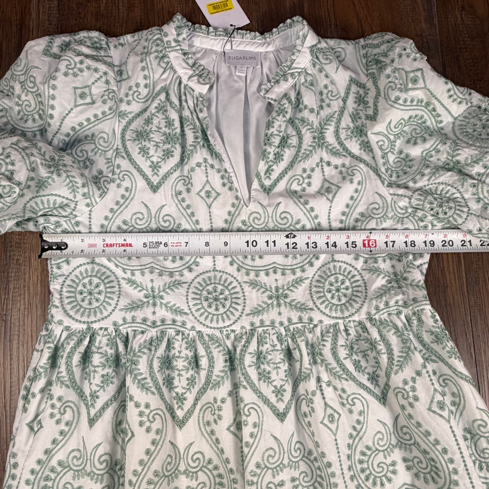 SugarLips MEDIUM white and green embroidered dress geometric boho festival