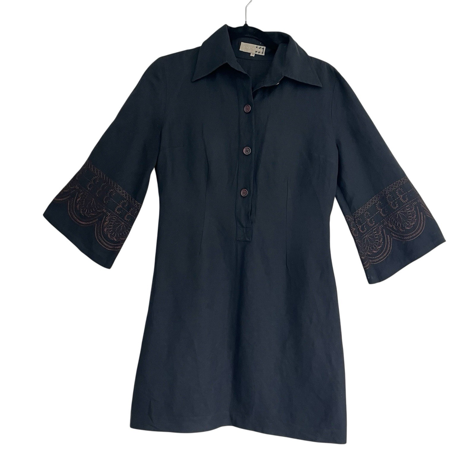 Vakkorama Embroidered Bell Sleeve Mini Dress Sz 4 Black Linen Chic Euro Summer