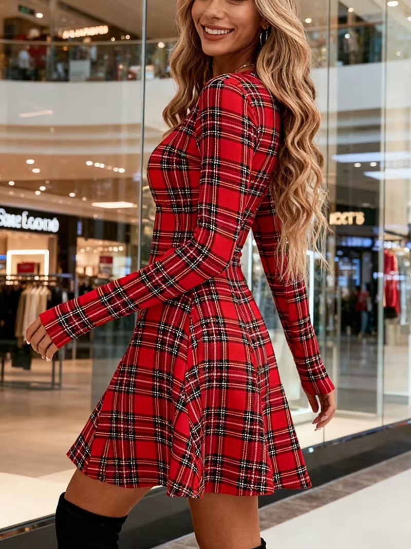 Red Plaid Classic Designer Look Pattern Dress Long Sleeve Crewneck Cosplay Retro