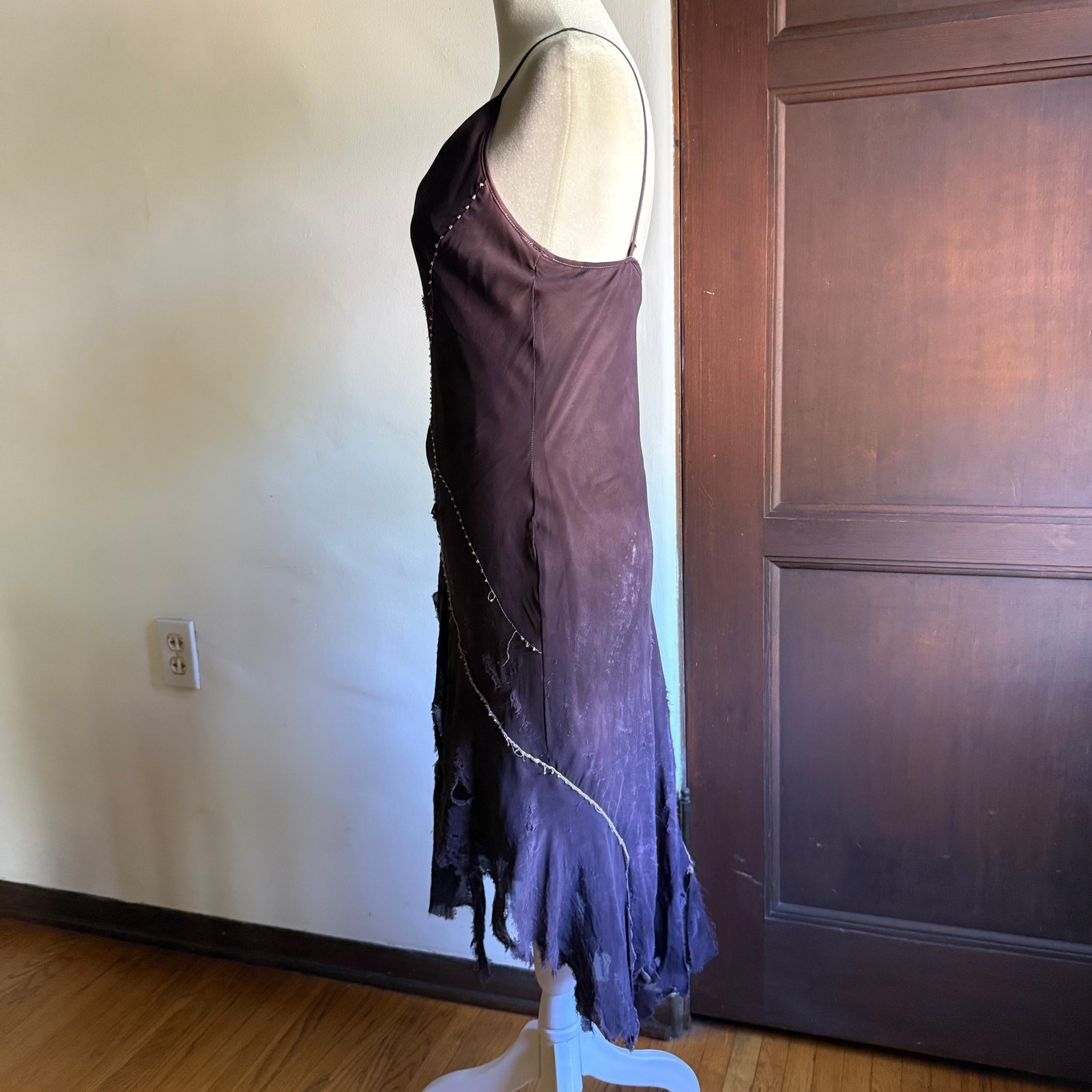 90s Vintage Bias Cut Embroidered Purple Handkerchief Hem Shredded Dress Small