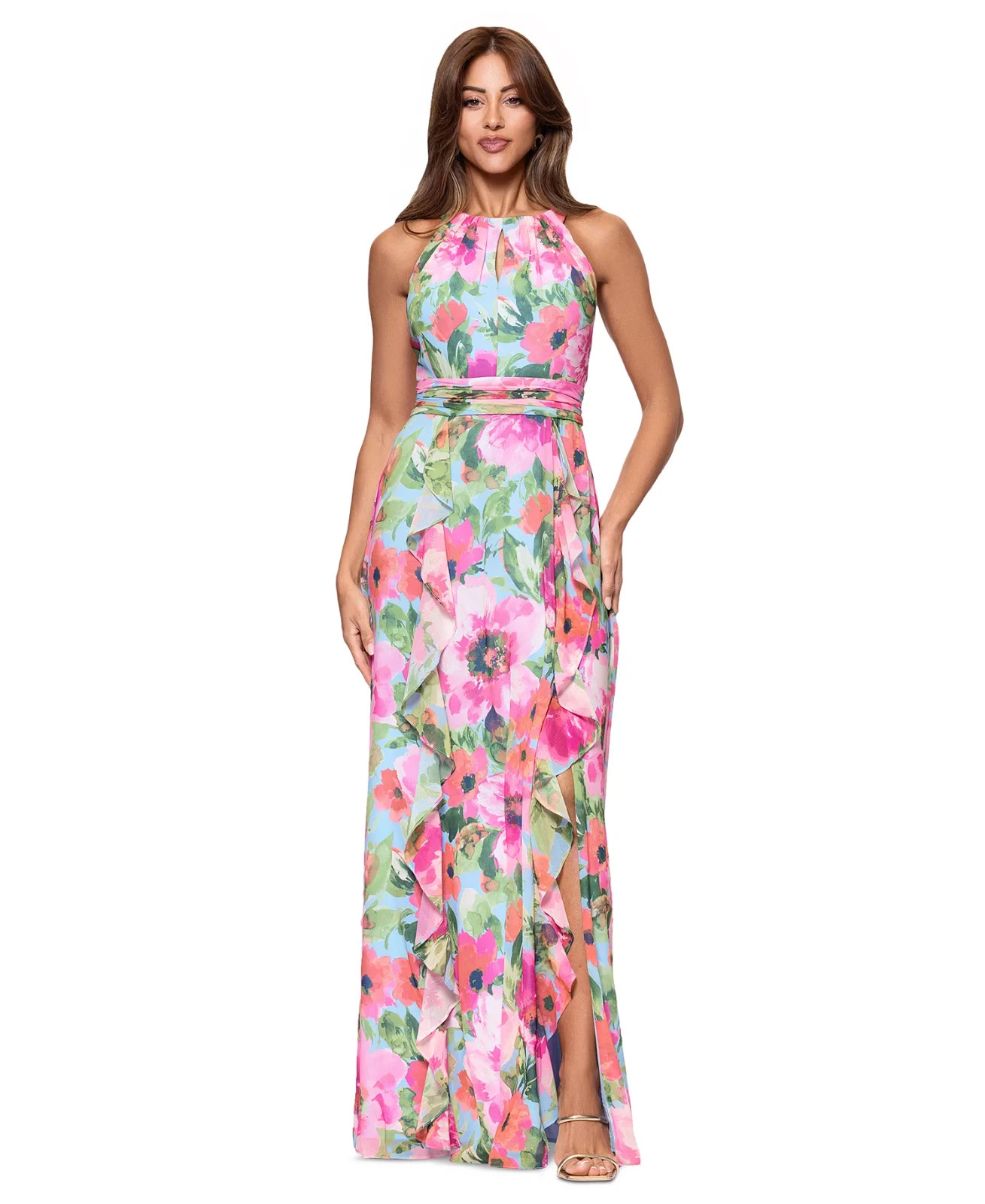 Xscape Pink Blue Multi Floral Chiffon Halter Maxi Dress Size 16 $179