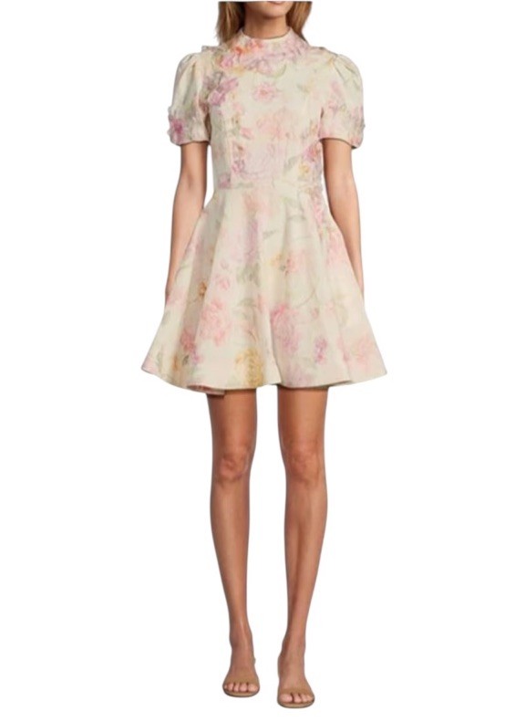 Antonio Melani Iris Linen Floral Appliqué Mockneck Short Sleeve Dress Ivory SZ12