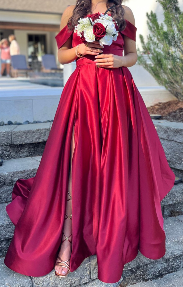 Stacees A-Line Off-the-Shoulder Sleeveless Floor Length Prom Dress With Split