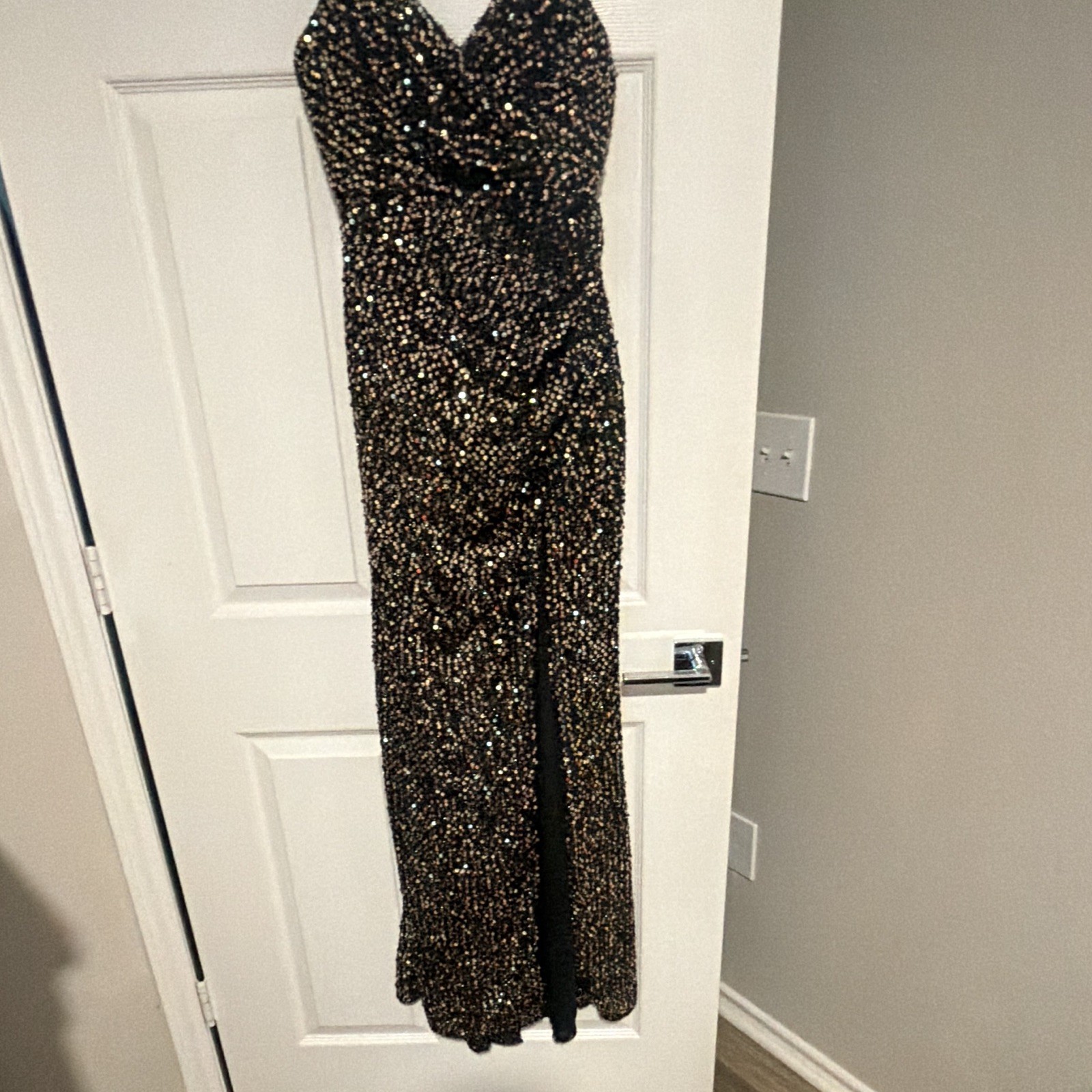 Ieena for Mac Duggal Black/Gold Sequin V-Neck Spaghetti Strap Long Gown 2