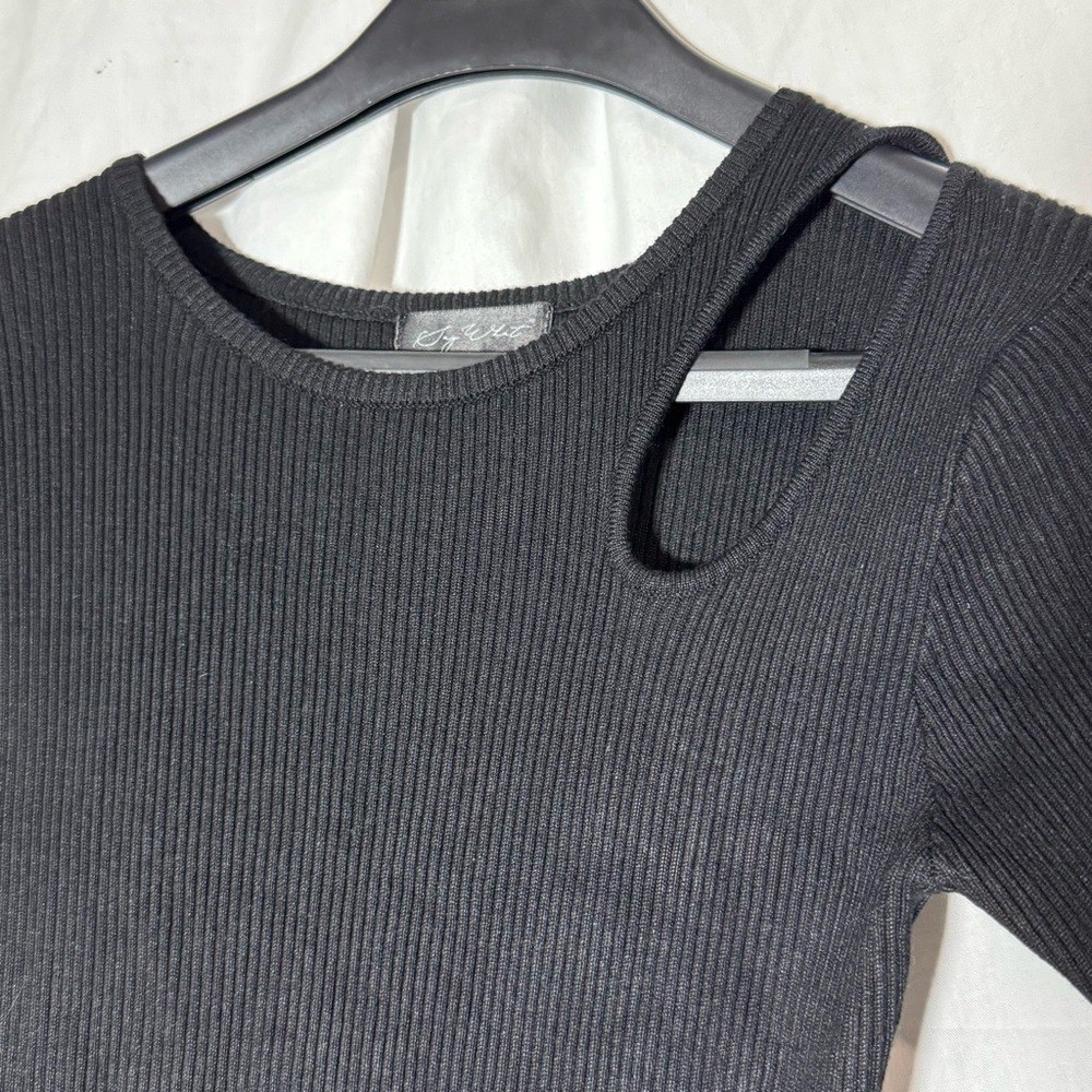 Black Ribbed Knit Mini Long Sleeve Dress with Asymmetric Shoulder Cut-out Detail