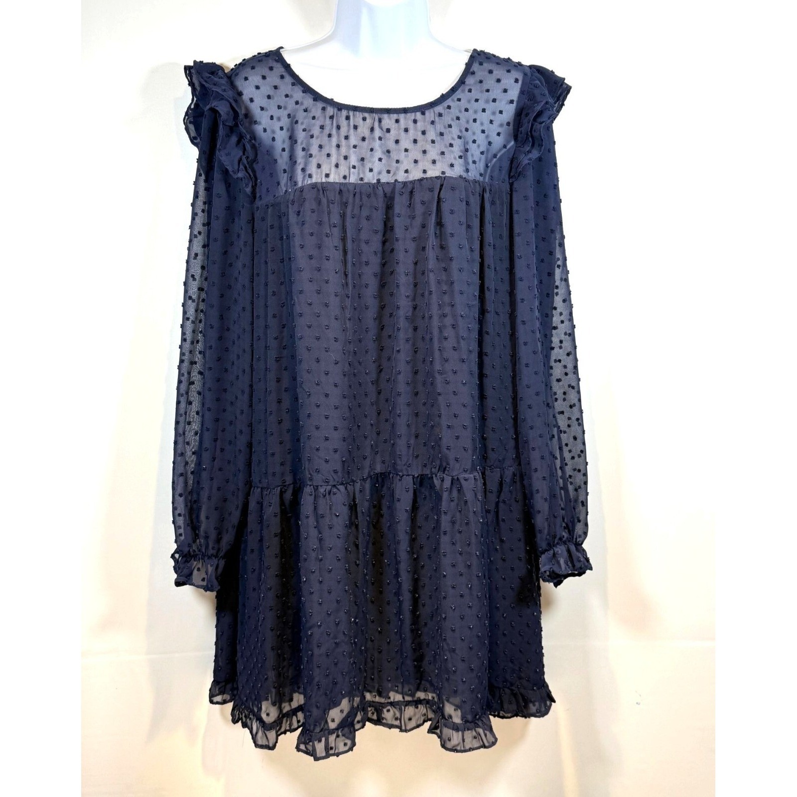 Sheer Navy Blue Dotted Tier Ruffle Dress Long Sleeves Size L Romantic Cottage