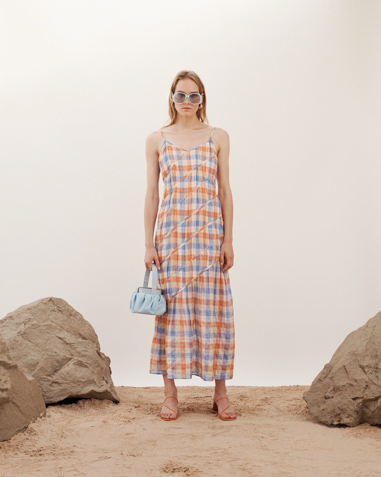 Rejina Pyo Maria checked crinkled cotton-blend maxi slip dress size UK 8 US 4 S