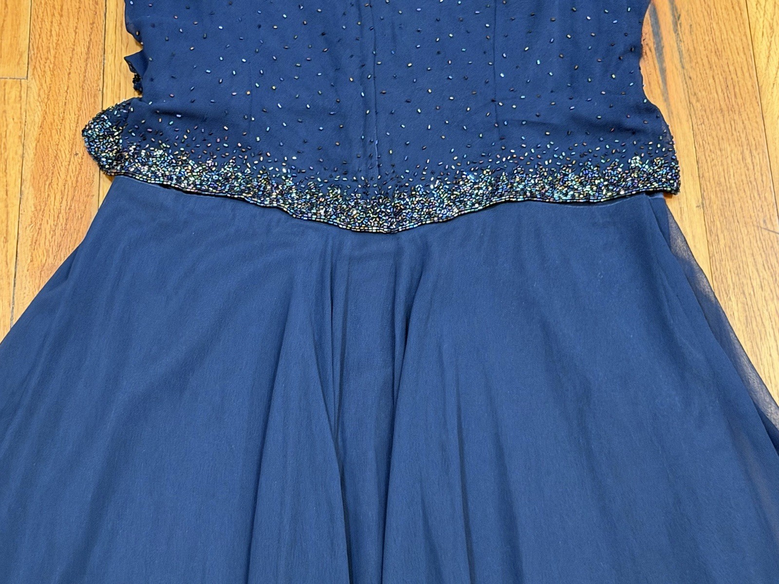 JKARA Beaded MaxiDress Navy Blue Flutter Sleeve Formal Evening Wedding Womens 14
