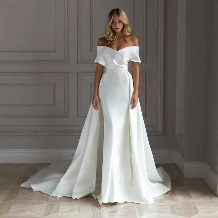 Elegant Off Shoulder Mermaid Wedding Dress Slim Fit White Trailing Evening Gown