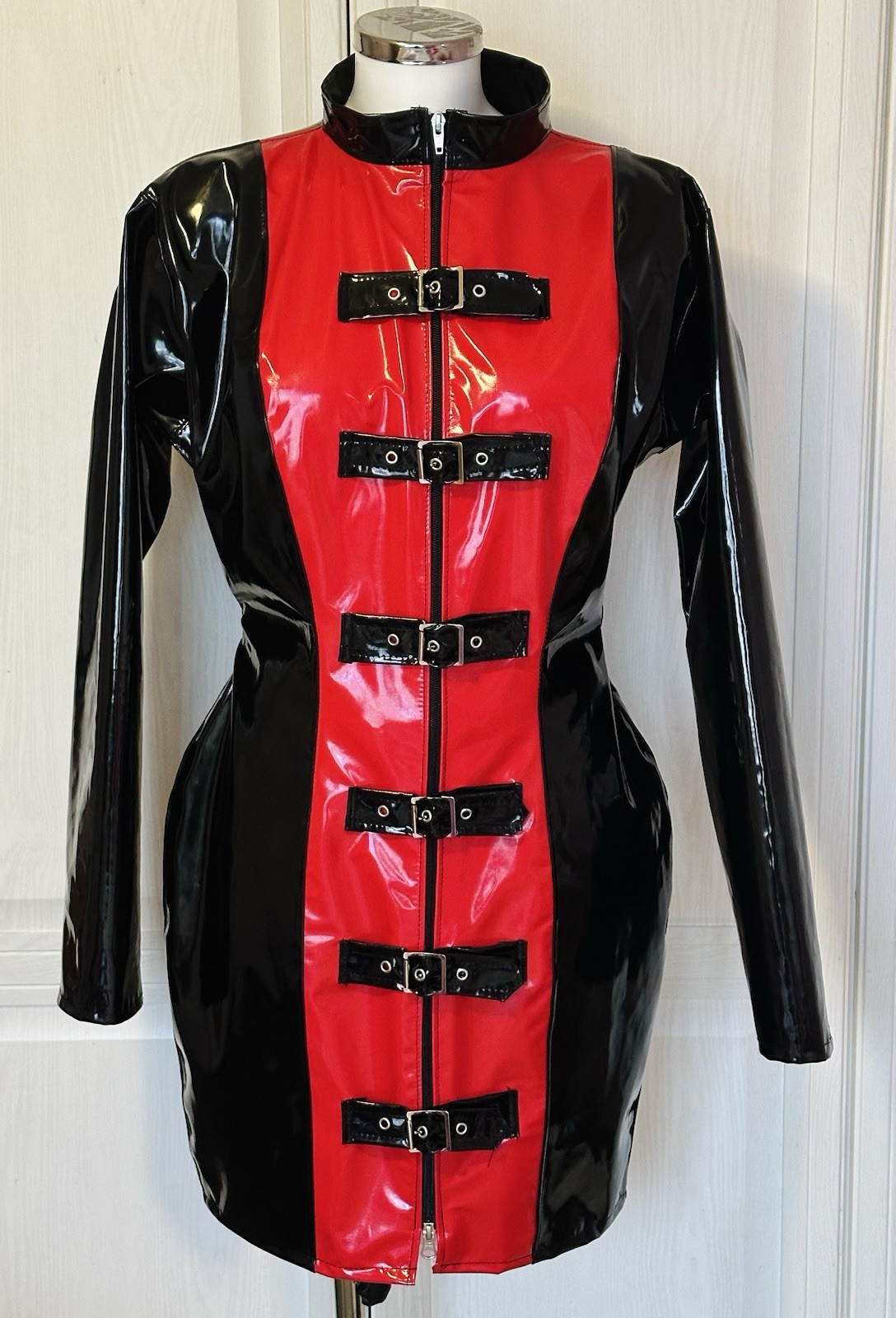 Misfitz blk & red pvc buckle dress, two way zip. SIZE 26. CD Goth Fetish Club