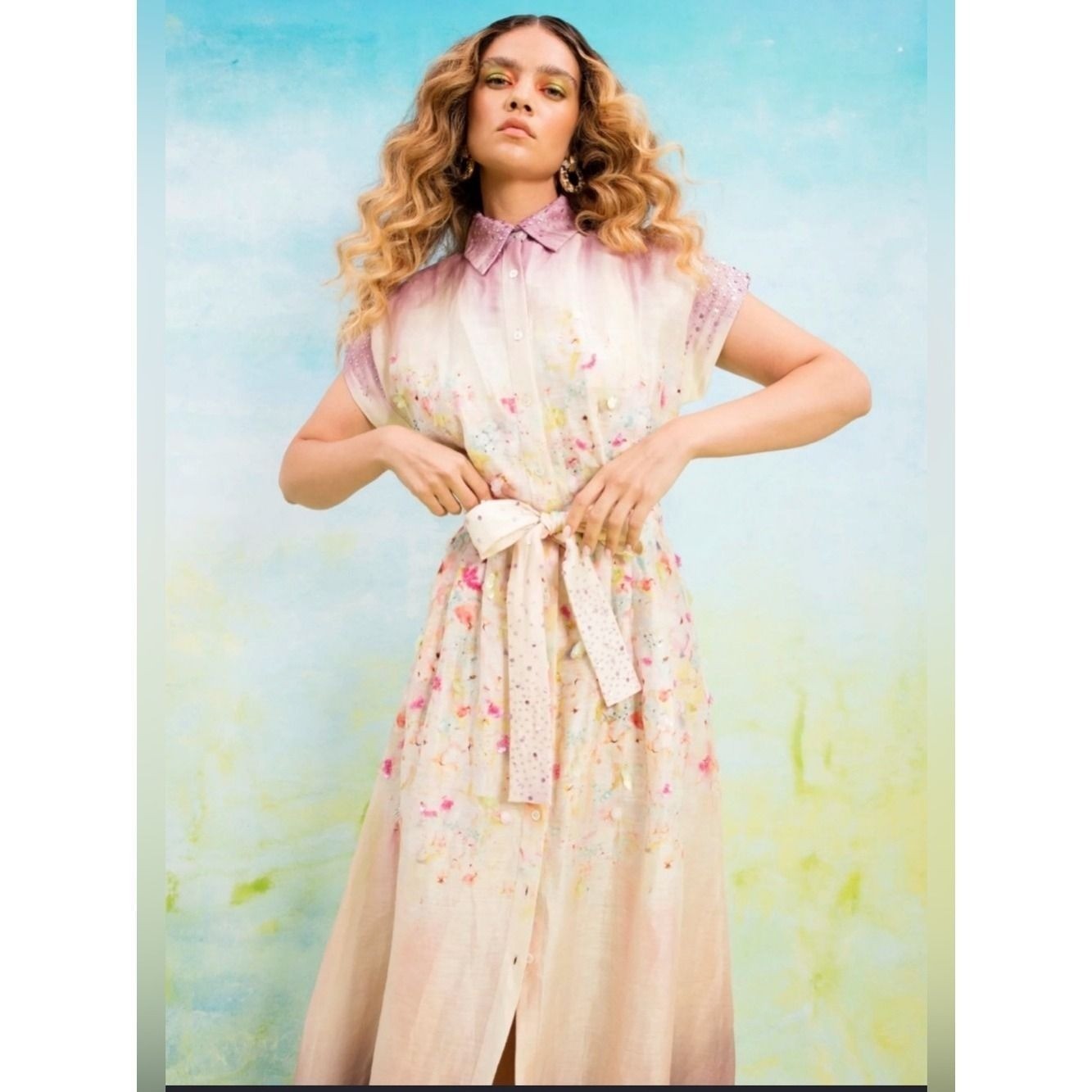 La Fuori Long Sleeve Ombre Tie-Waist Shirt Dress