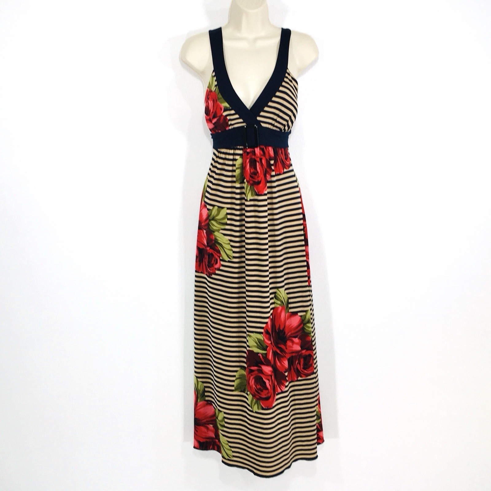 En Focus Studio Maxi Dress Sz 12Petite Black/Tan Stripes Red Hibiscus Vacation