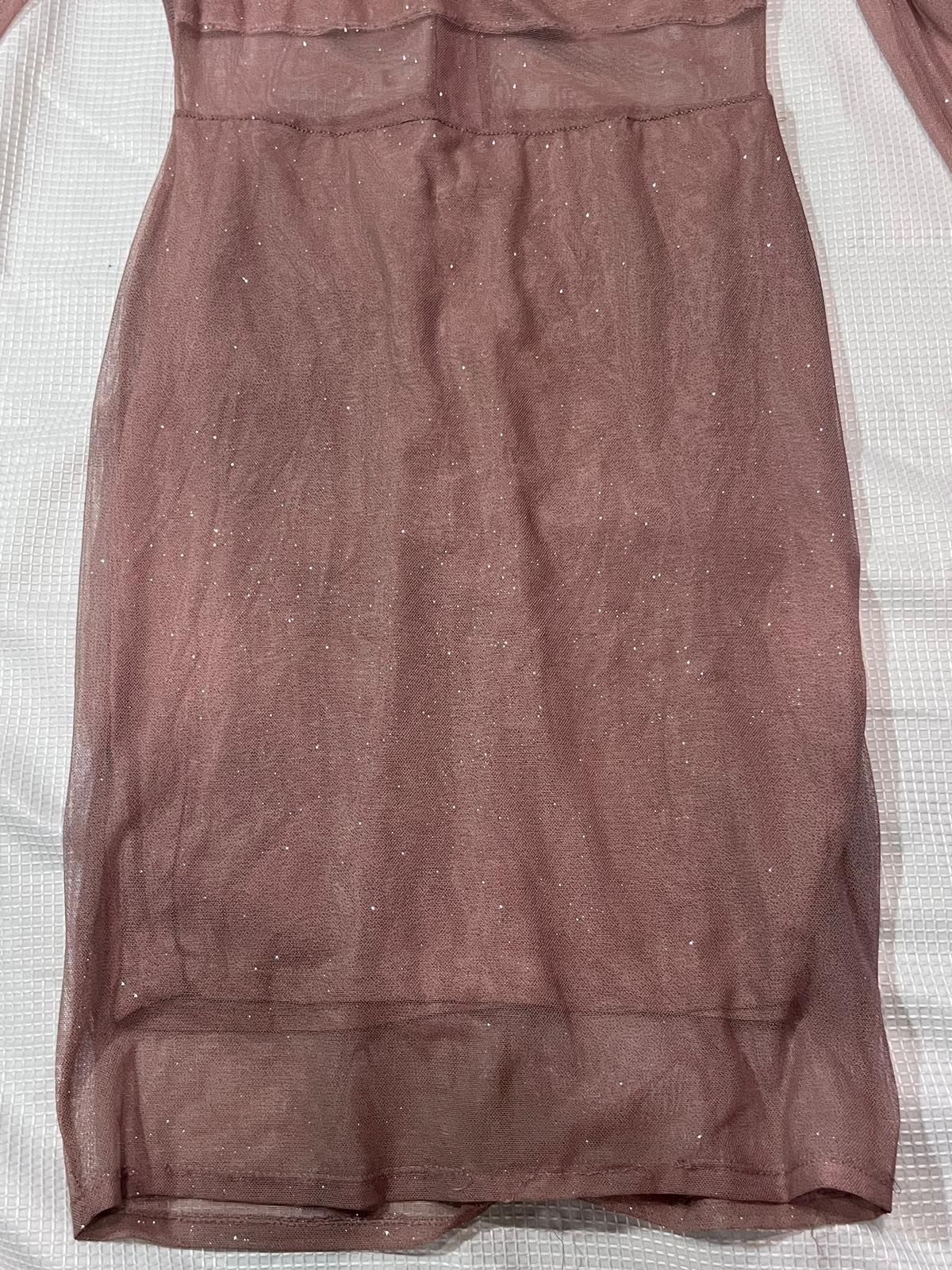 Windsor Sparkly Glitter Mesh Mini Dress Long Sleeve Rose Gold Clubwear sizeS/M