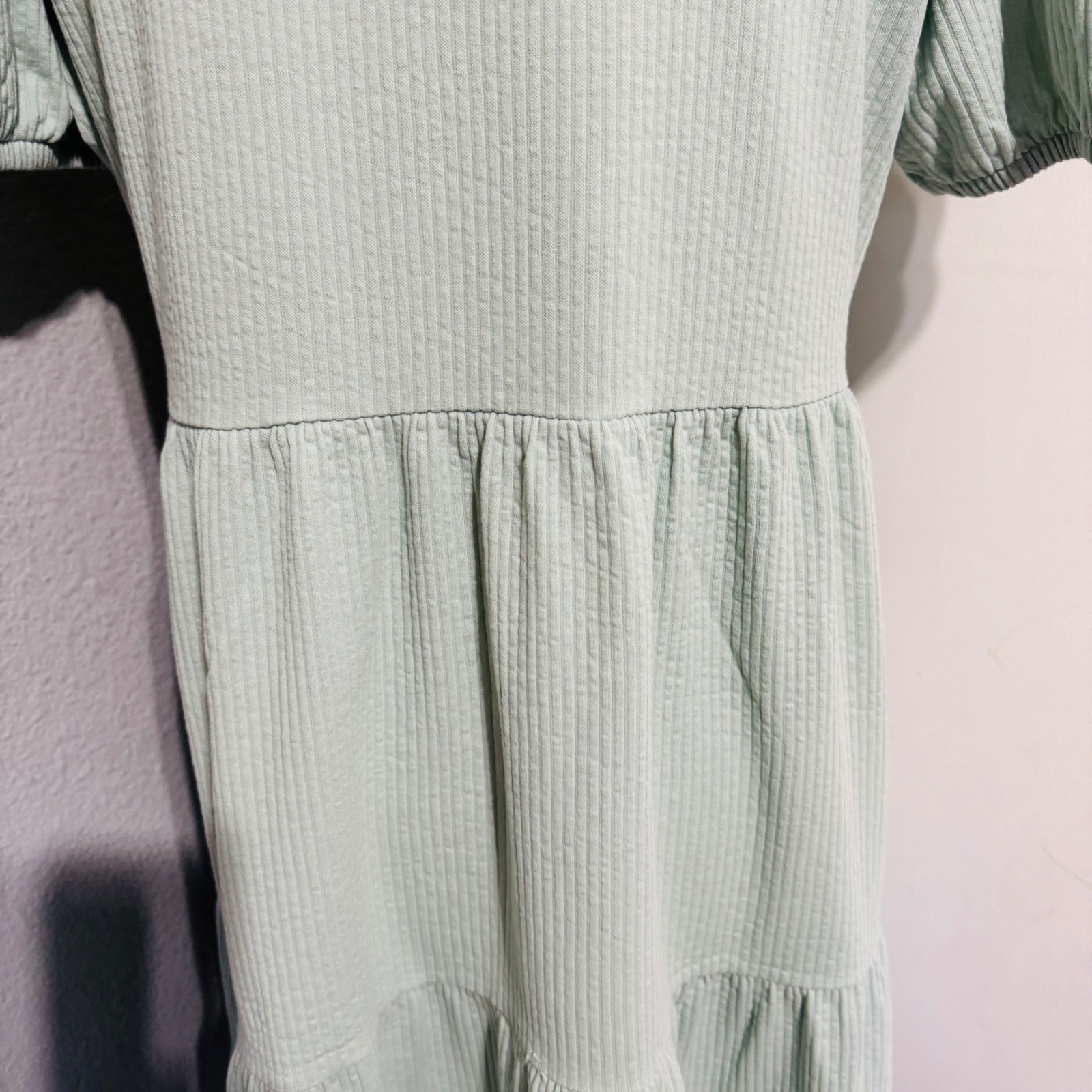 Downeast Cotton Blend Dress Size L Sage Green Ribbed Tiered Babydoll Mini Dress
