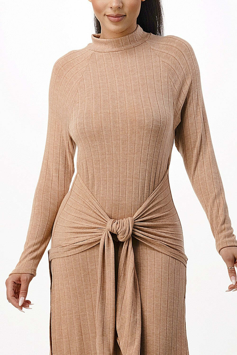 Womens Front Tie Midi Knit Long Sleeve Dress Winter Fashion 2022 Casual Wear