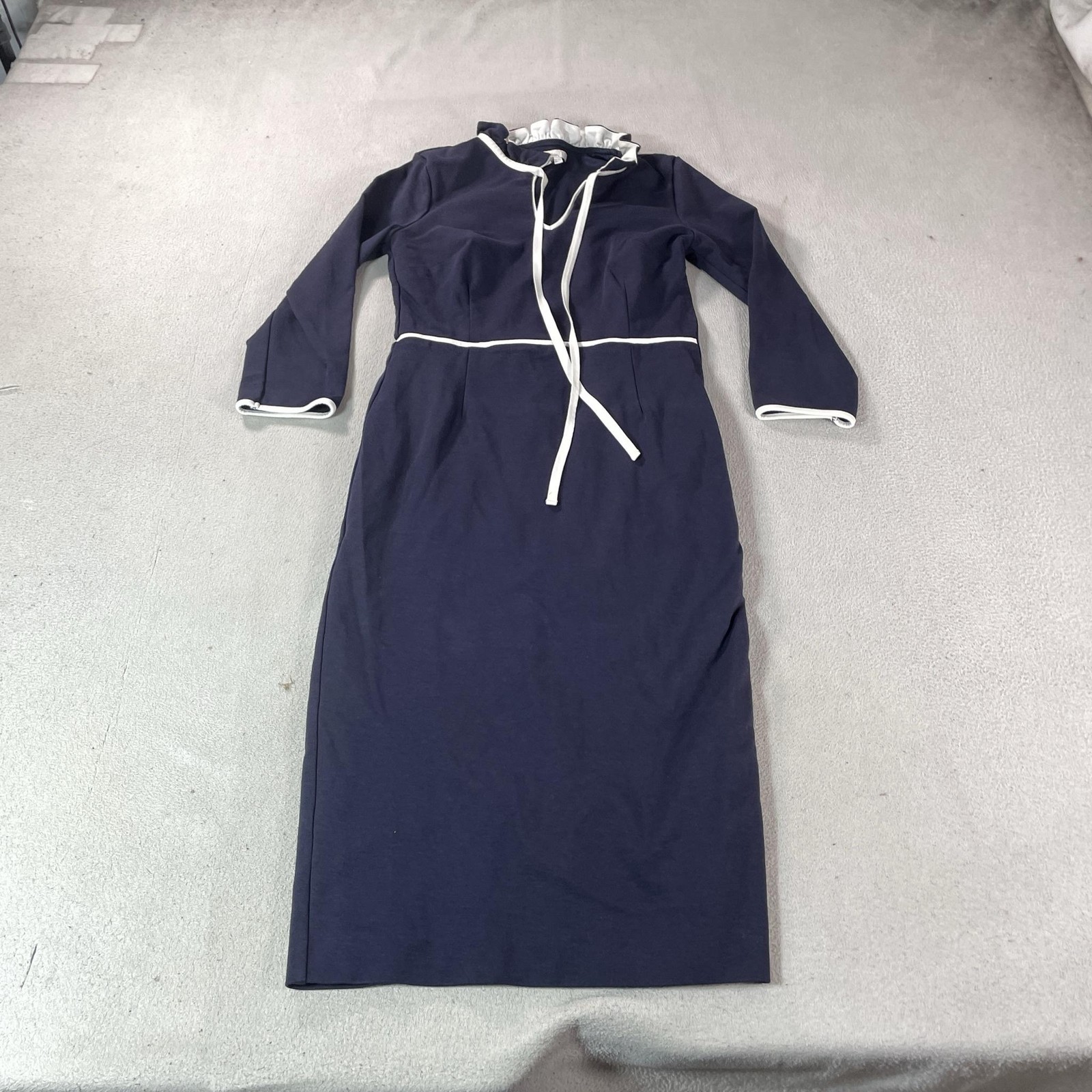 Boden Dress Womens 6 Blue Modest Cottage Ruffle High Neck Prairie Farm Midi Work