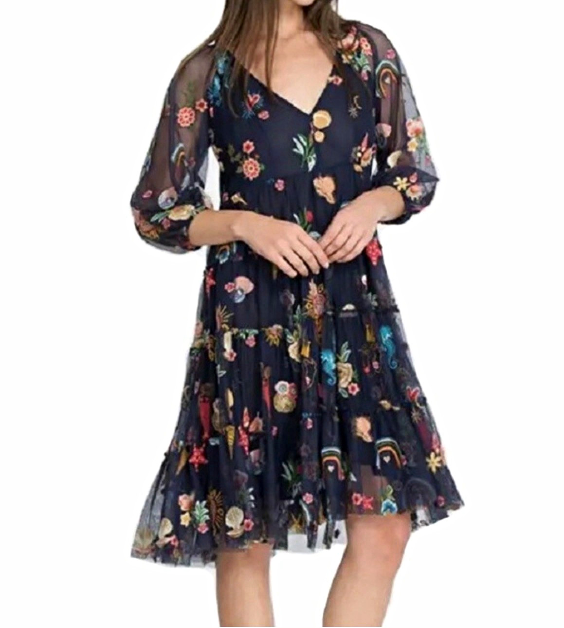 Johnny Was Blue and Orange Ruffled Tiered Midi Dress