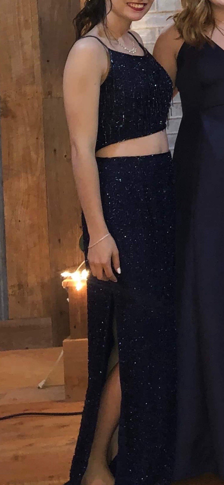 Sean X.Press Navy Beaded Long Gown Scoop Neck Sleeveless Side Slit