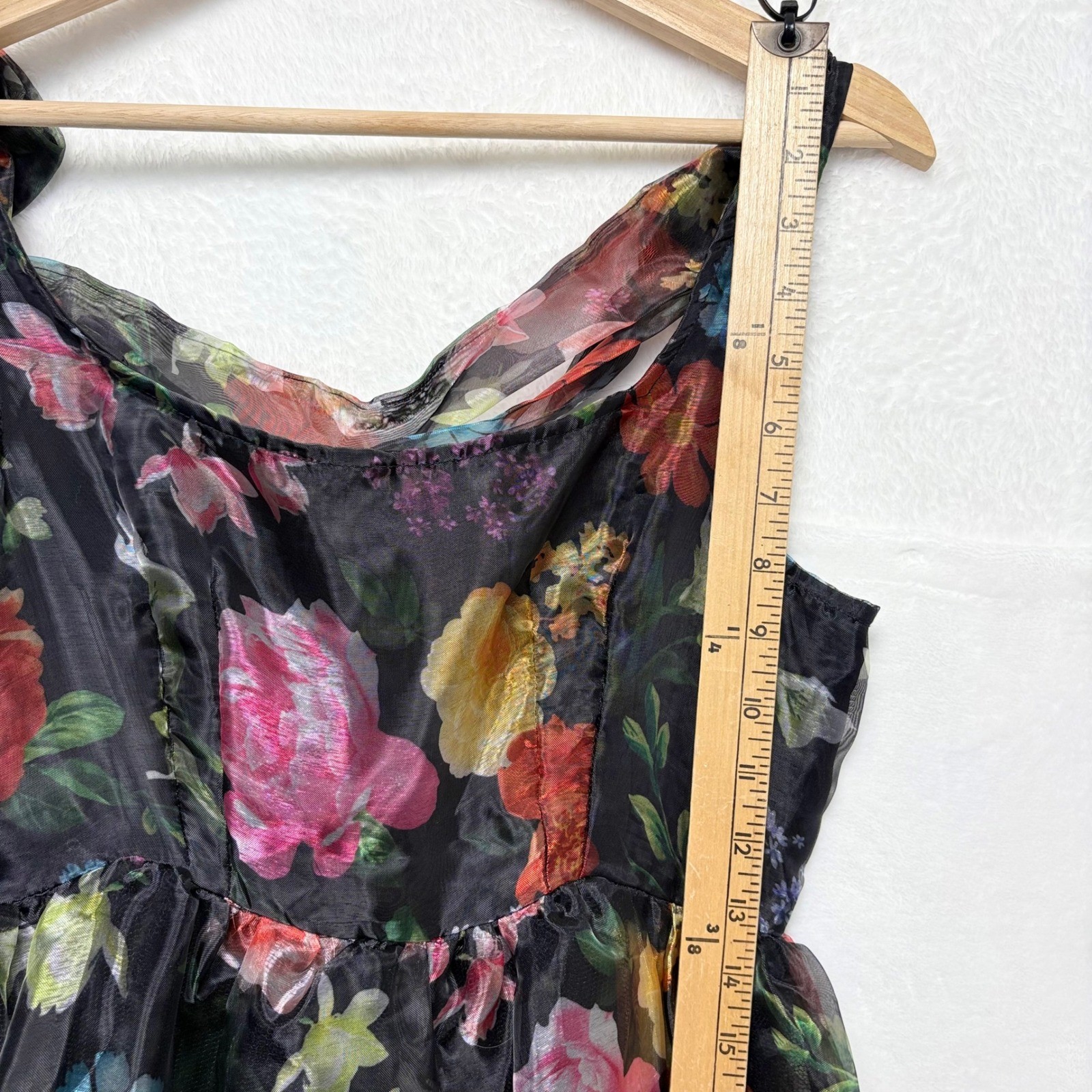 Chelsea28 Romantic Goth Dark Floral Tiered Organza Maxi Dress Bow Accent XS