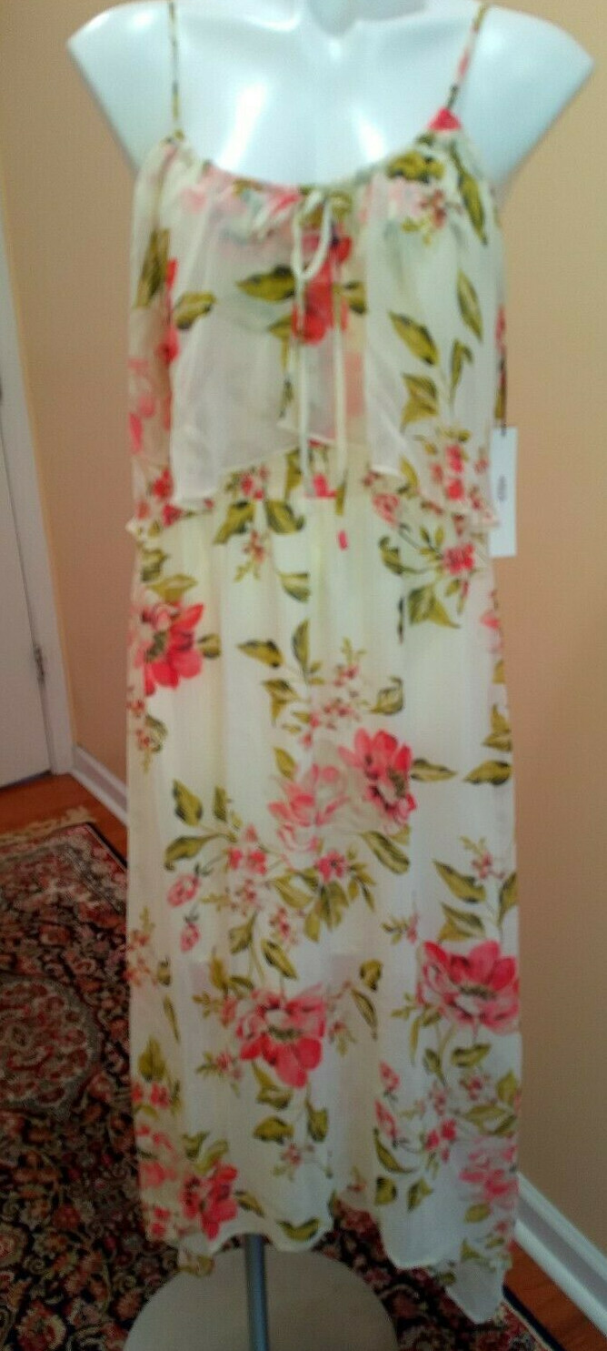 June And Hudson Chiffon Ruffle Maxi Dress Floral Ivory Red Size L Nwt