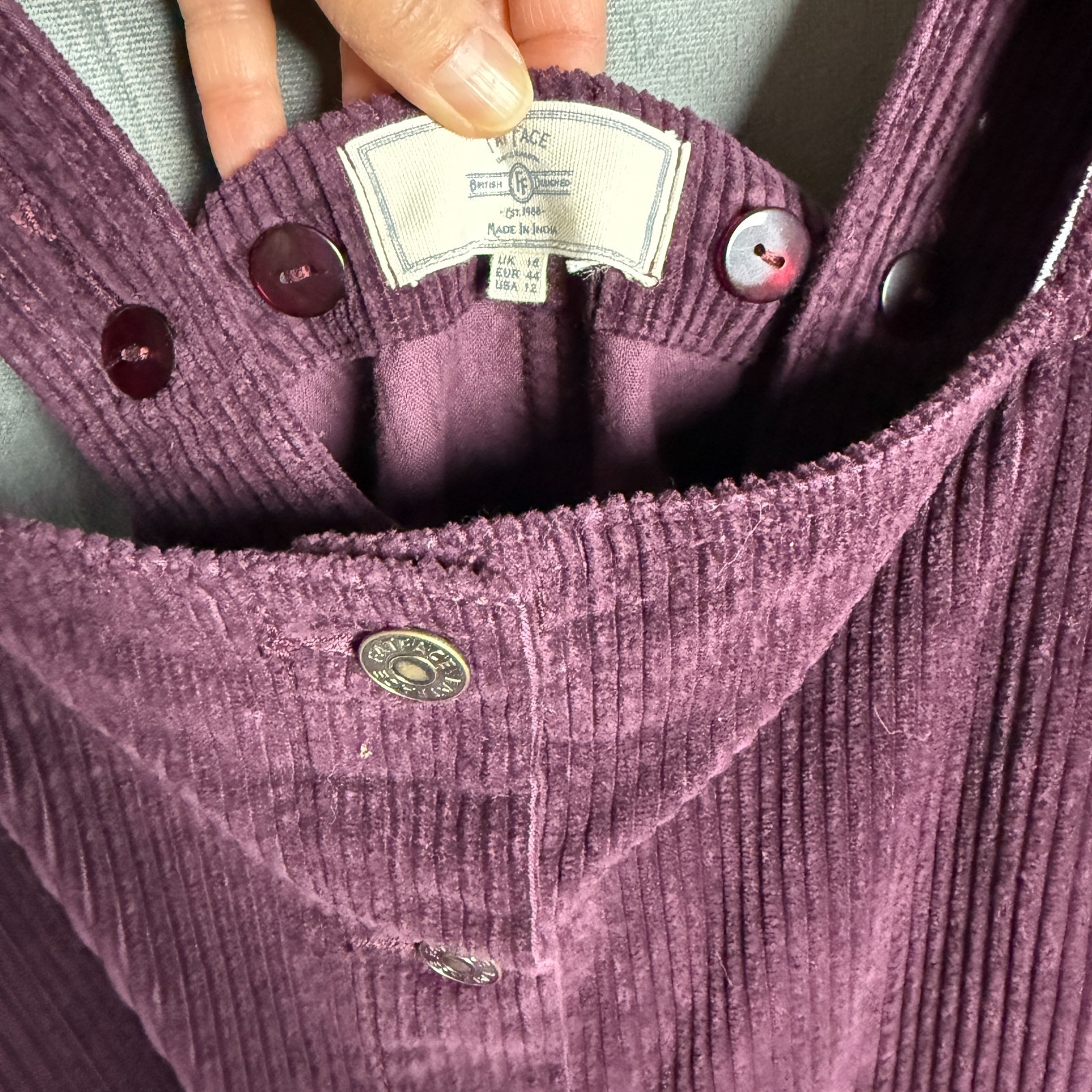 Fat Face US 12 UK 16 Purple Pinafore Dungaree Mini Dress Corduroy Button Pockets