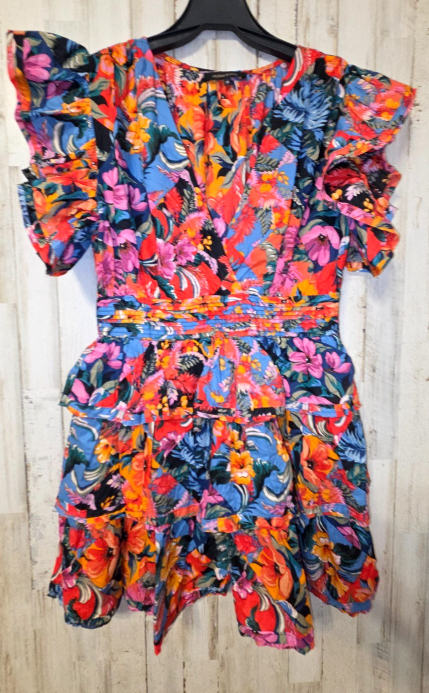Olivaceous size M Mini Tiered Ruffle Floral Dress Flutter sleeve V-neck Cotton