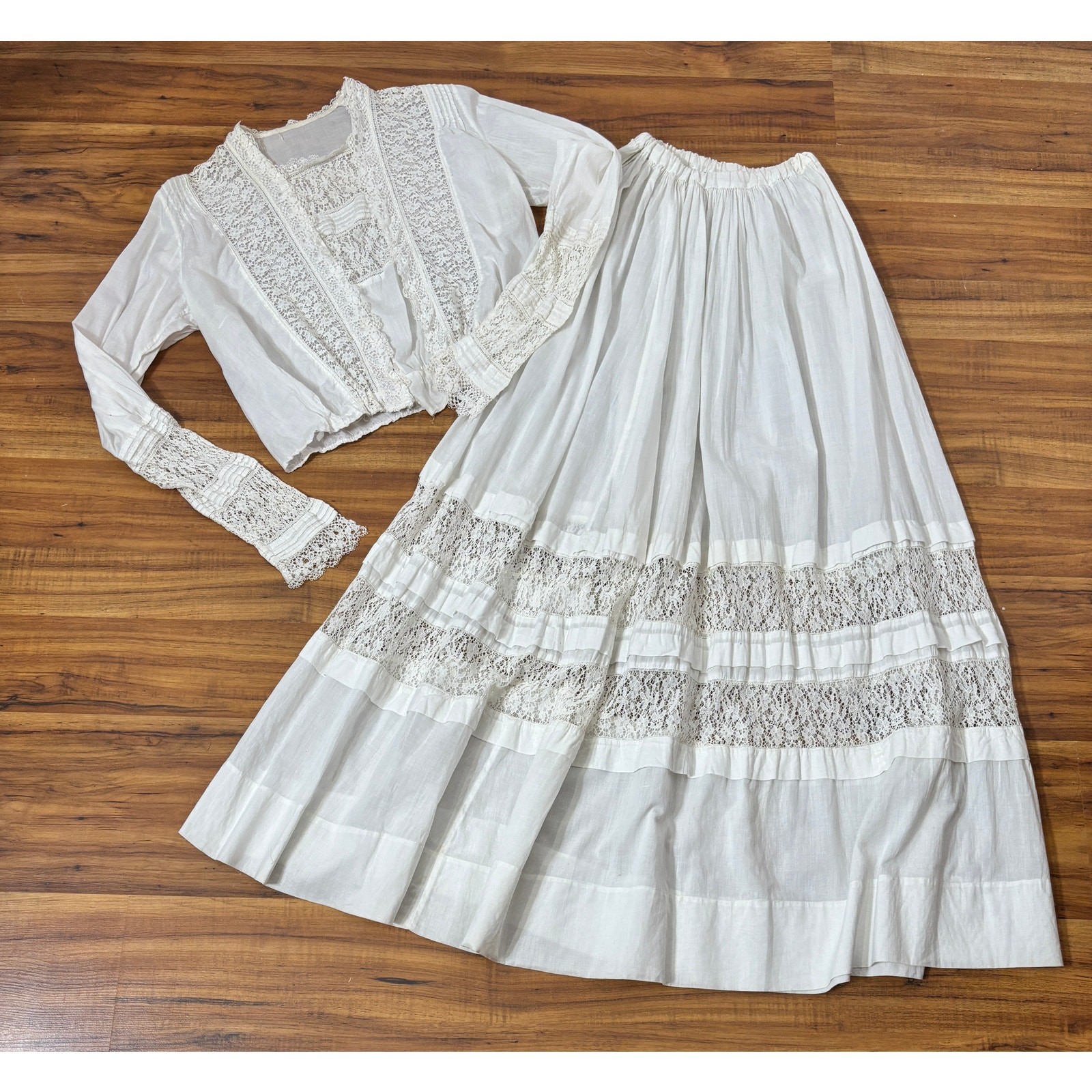Small to Medium Edwardian 1900s Antique Cotton Blouse and Skirt Set