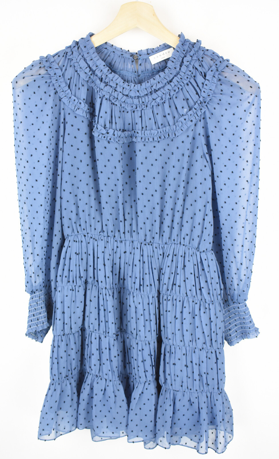 Sandro Gwen Dress Womens (EU) 40 Ruffled Polka Dot Printed Mini Blue