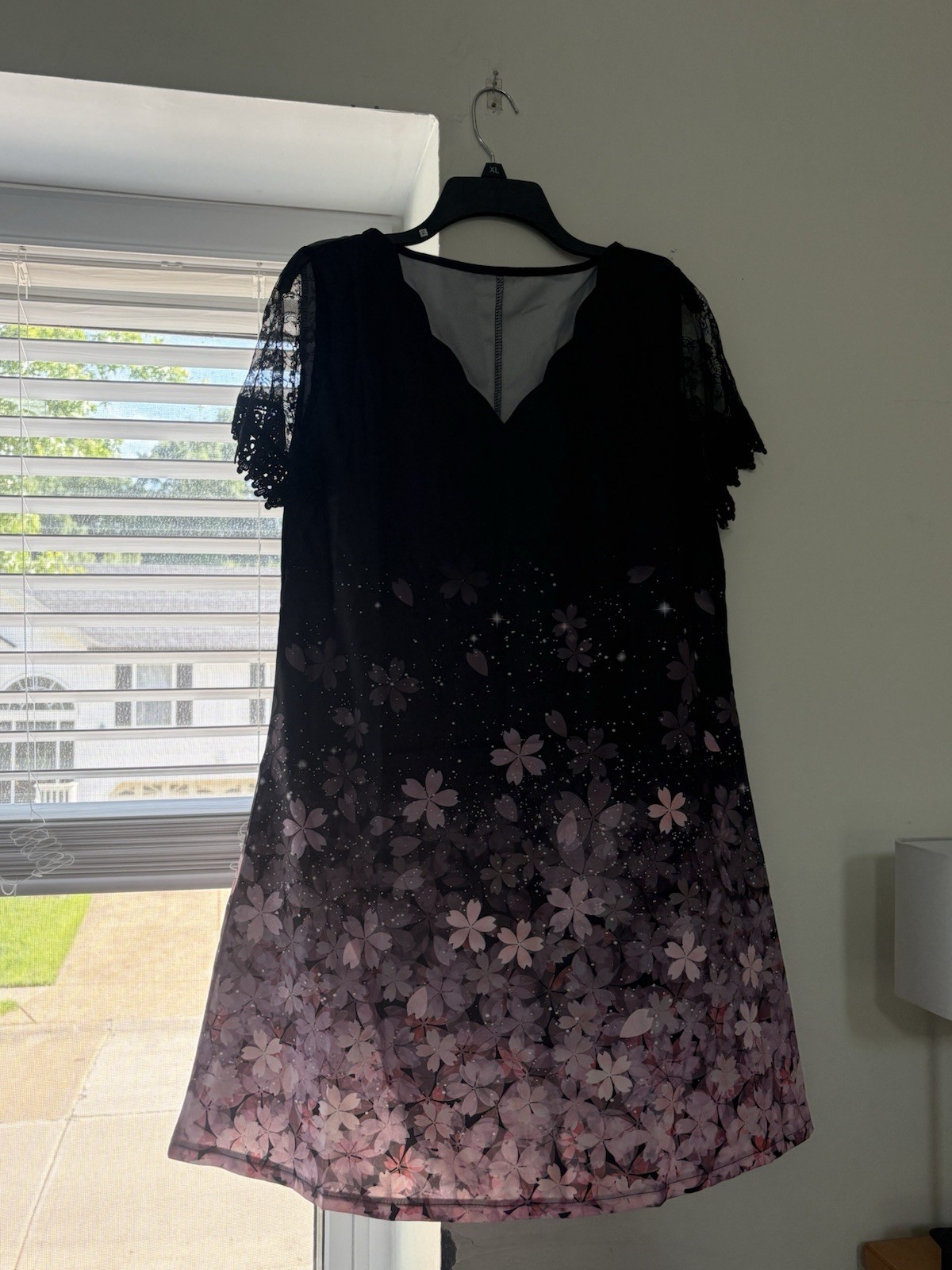 Women’s 3XL Black Purple Floral A-Line V-Neck Sheer Lace Short Sleeve Dress