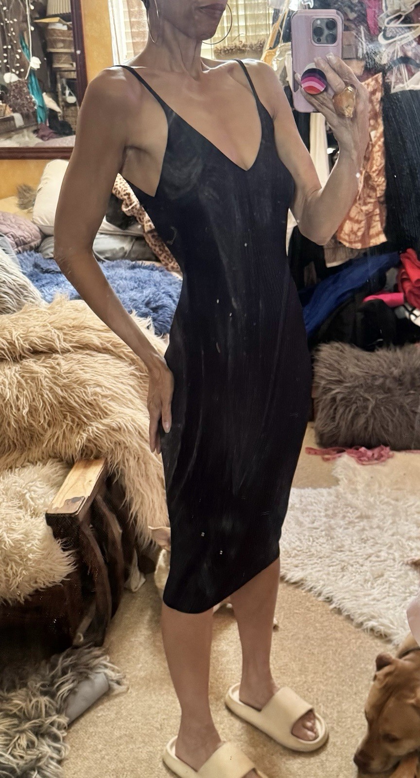H&M Navy Blue Ribbed Midi Dress Viscose Polyamide V Neck NWT S