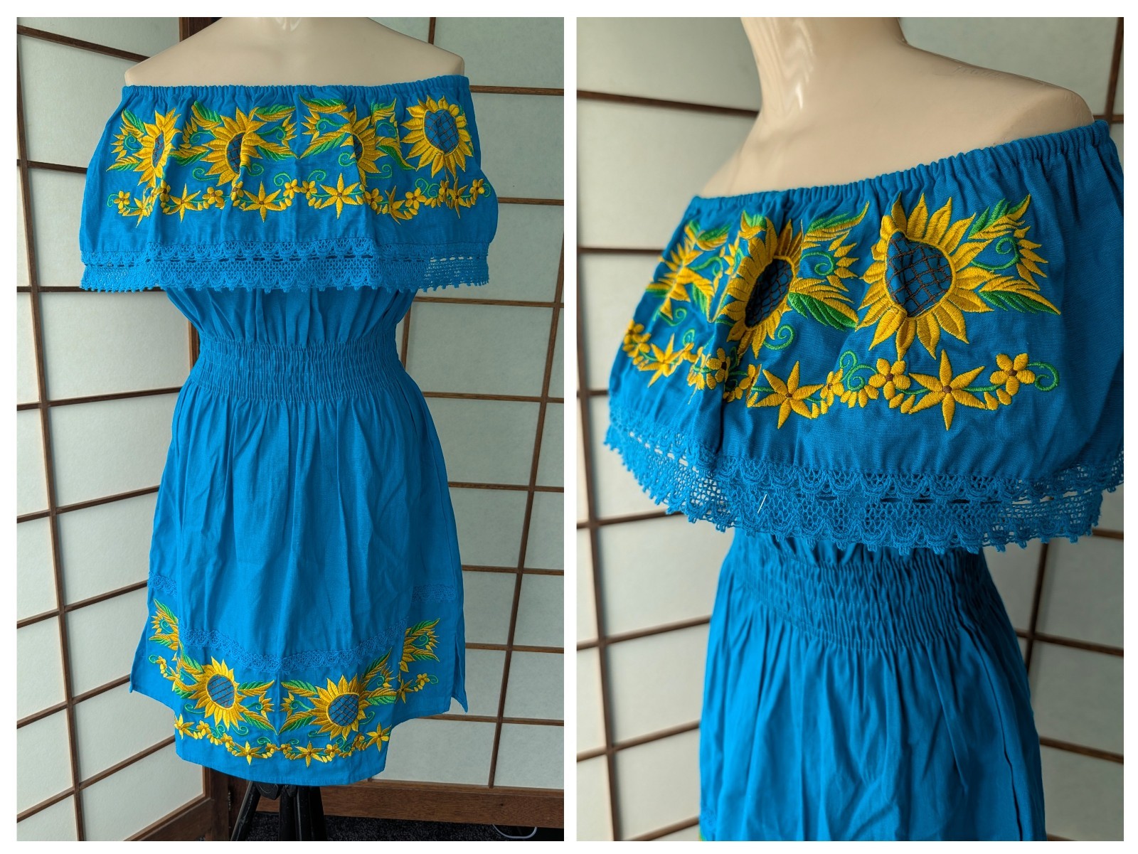 Mexico Tourist Embroidered Dress Off the Shoulder Elastic Waist Sz S Turquois