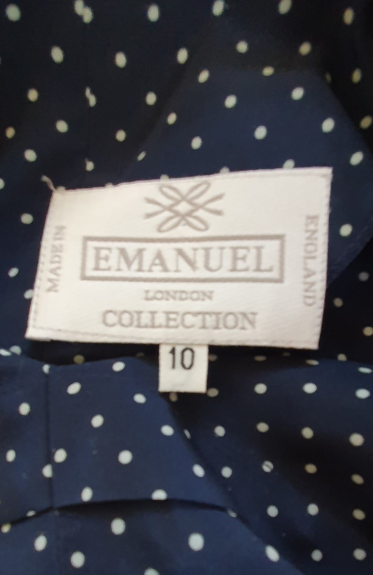 EMANUEL 100% Silk Midi Dress – UK 10 – Navy/Cream Pinspot – Excellent Condition