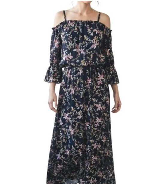 Off The Shoulder Floral Maxi Dress Sz L Navy Gold Elastic Waist Prairie Beach