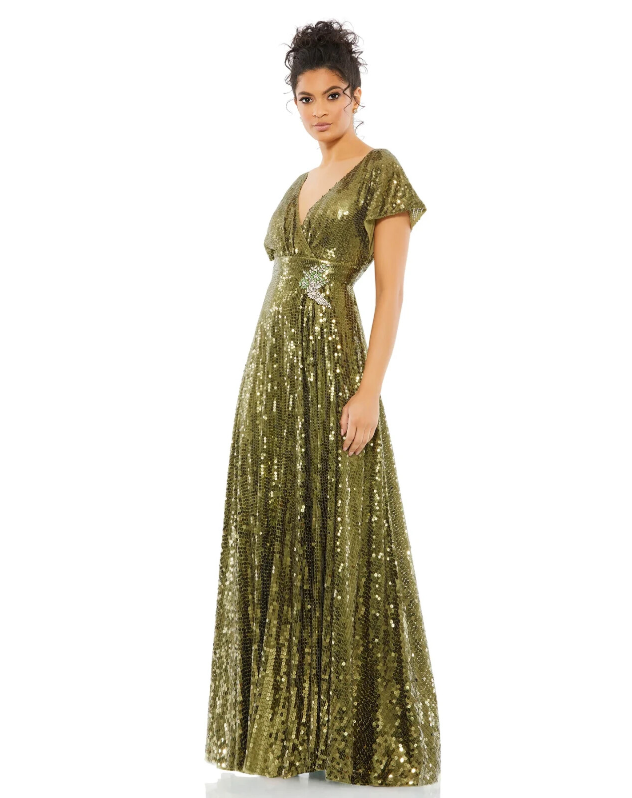 Mac Duggal Olive Green Sequined Butterfly Sleeve Faux Wrap A Line Gown 16 $598