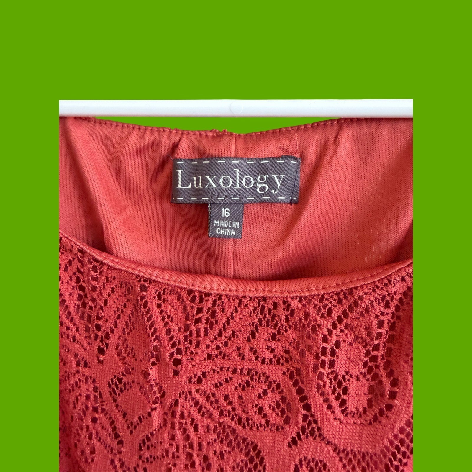 Luxology Rust Red Paisley Lace Handkerchief Hem Sleeveless Dress Womens Size 16