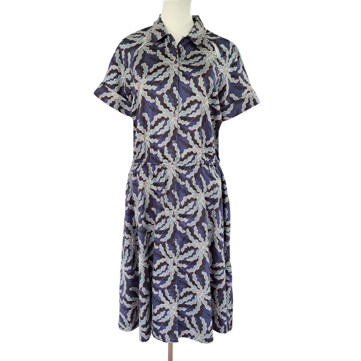 BROOKS BROTHERS Cotton Sateen Midi Shirt Dress Size 12 Blue Black Short Sleeve