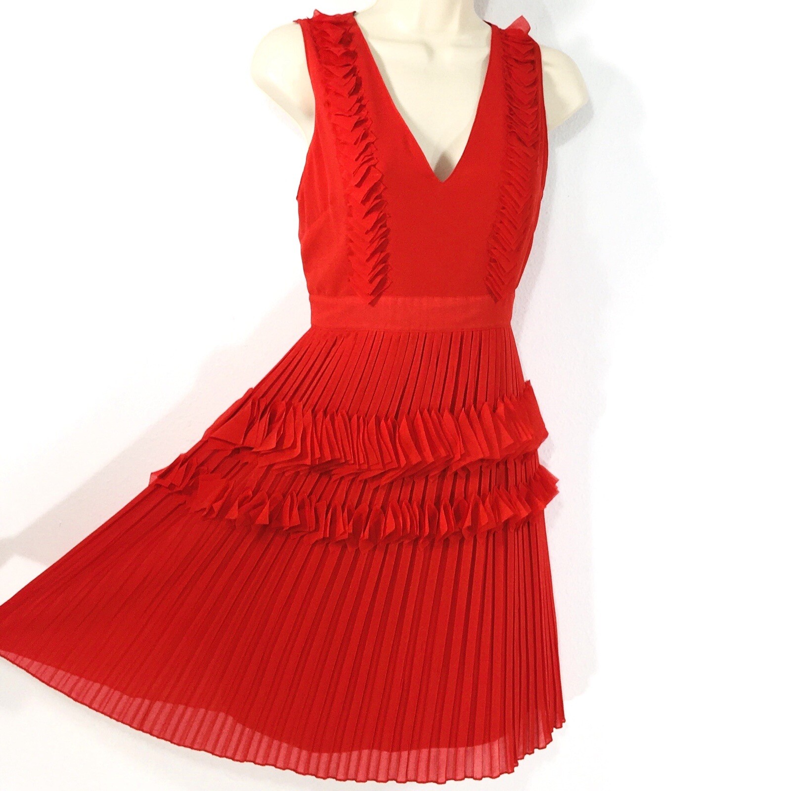 Foxiedox Red Pleated Ruffle Dress Sz S VNeck Zipper Lined Wedding Guest Party