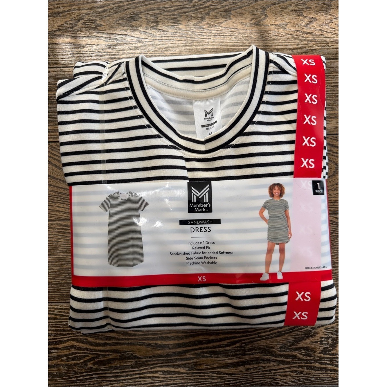 Member’s Mark Black & White Striped Sandwash SunDress Relaxed Fit XS Side Pocket