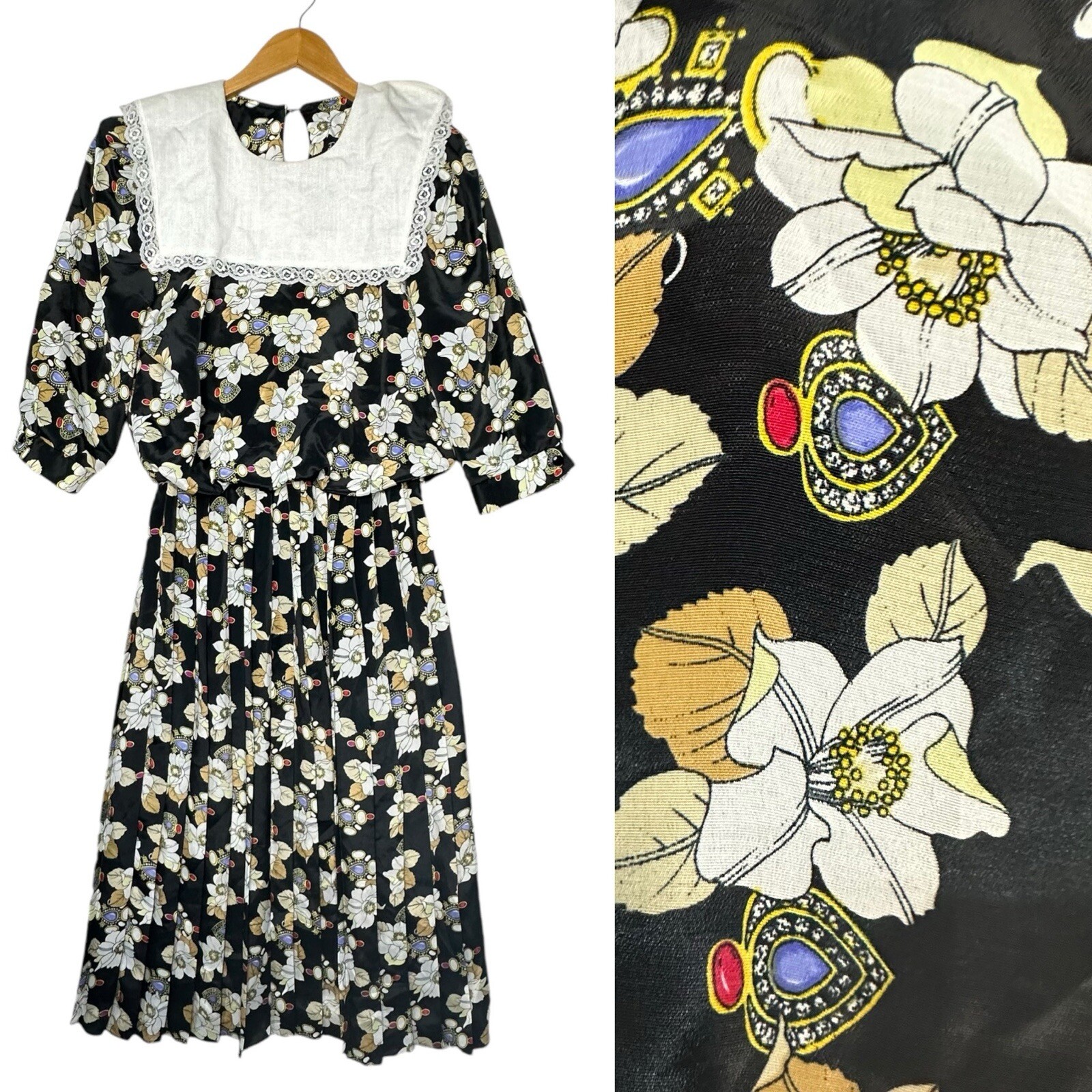 Vintage Breli Dress Womens Sz 12 Floral Pleated Collar Secretary Midi USA Church