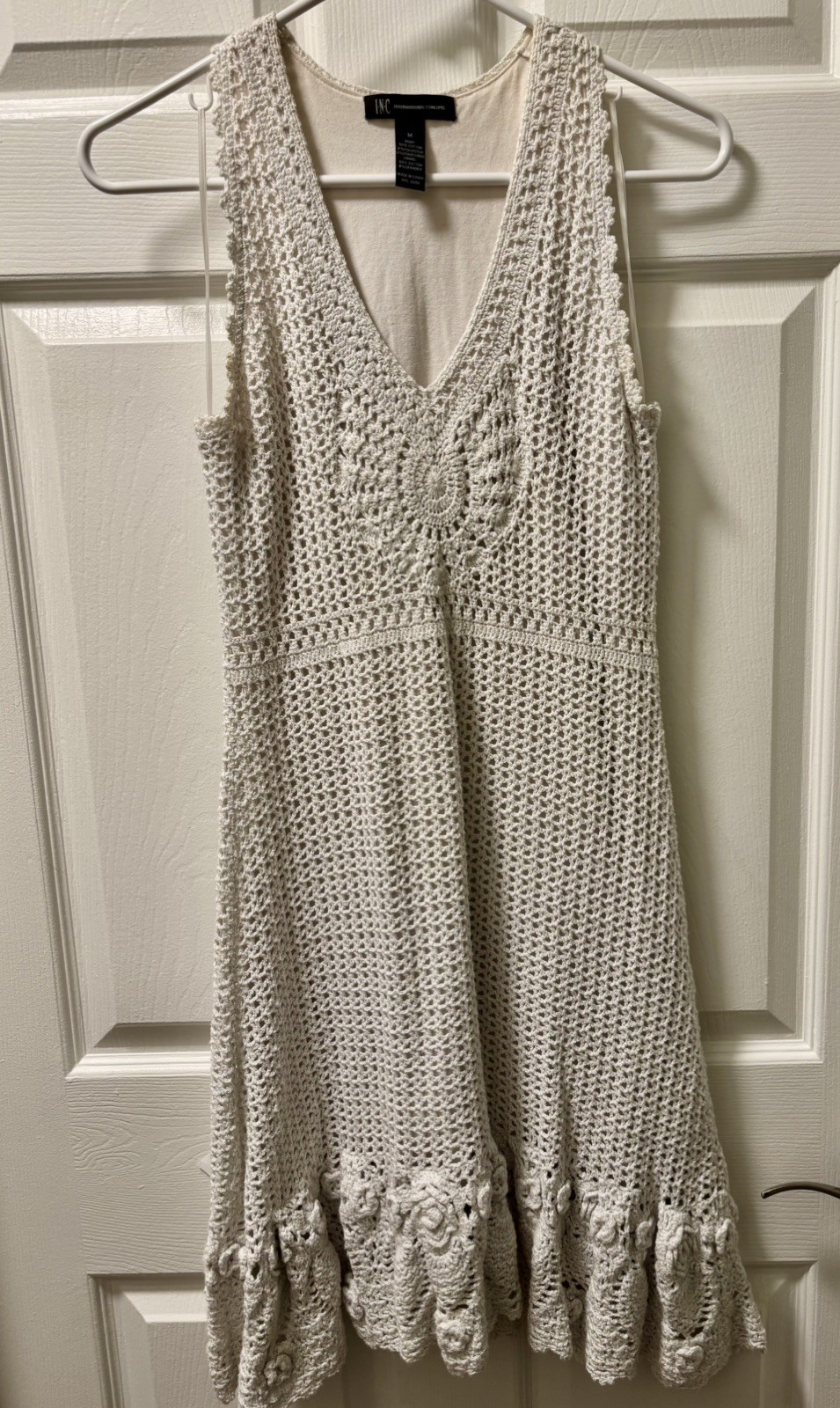 white dress crochet bridal boho euro summer INC international cotton Medium