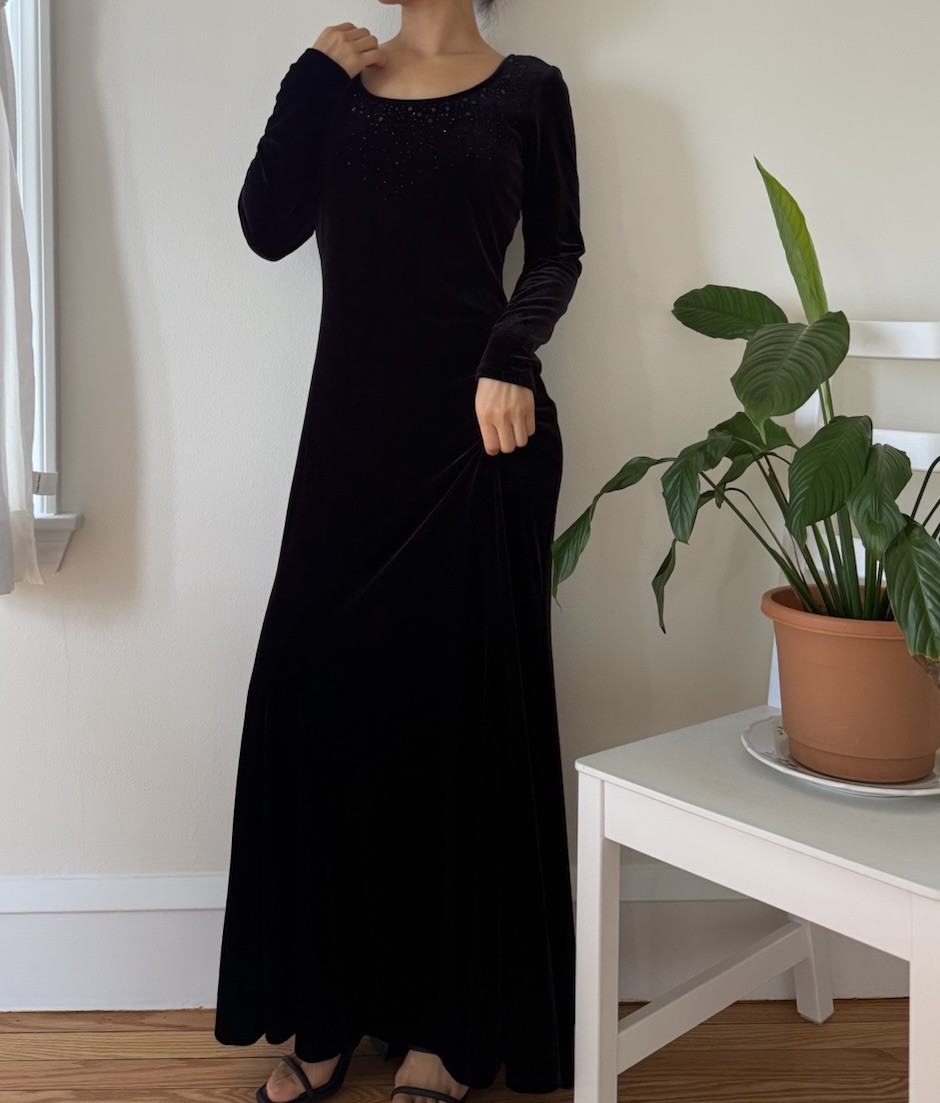 Vintage J R Nites By Caliendo Black Velvet Embellished Whimsygoth Dress Size S