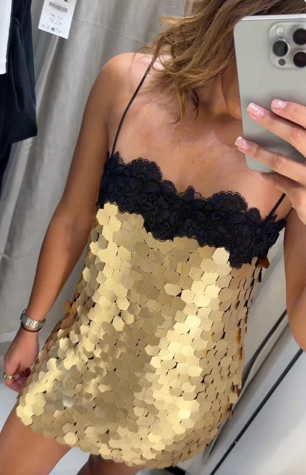 Zara ZW Collection Sequin Sequinned Golden Gold Mini Dress Size XS 1067/202