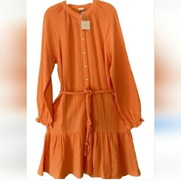 Magaschoni 100% Organic Cotton Gauze Button Front L/S Dress Sz S NWT
