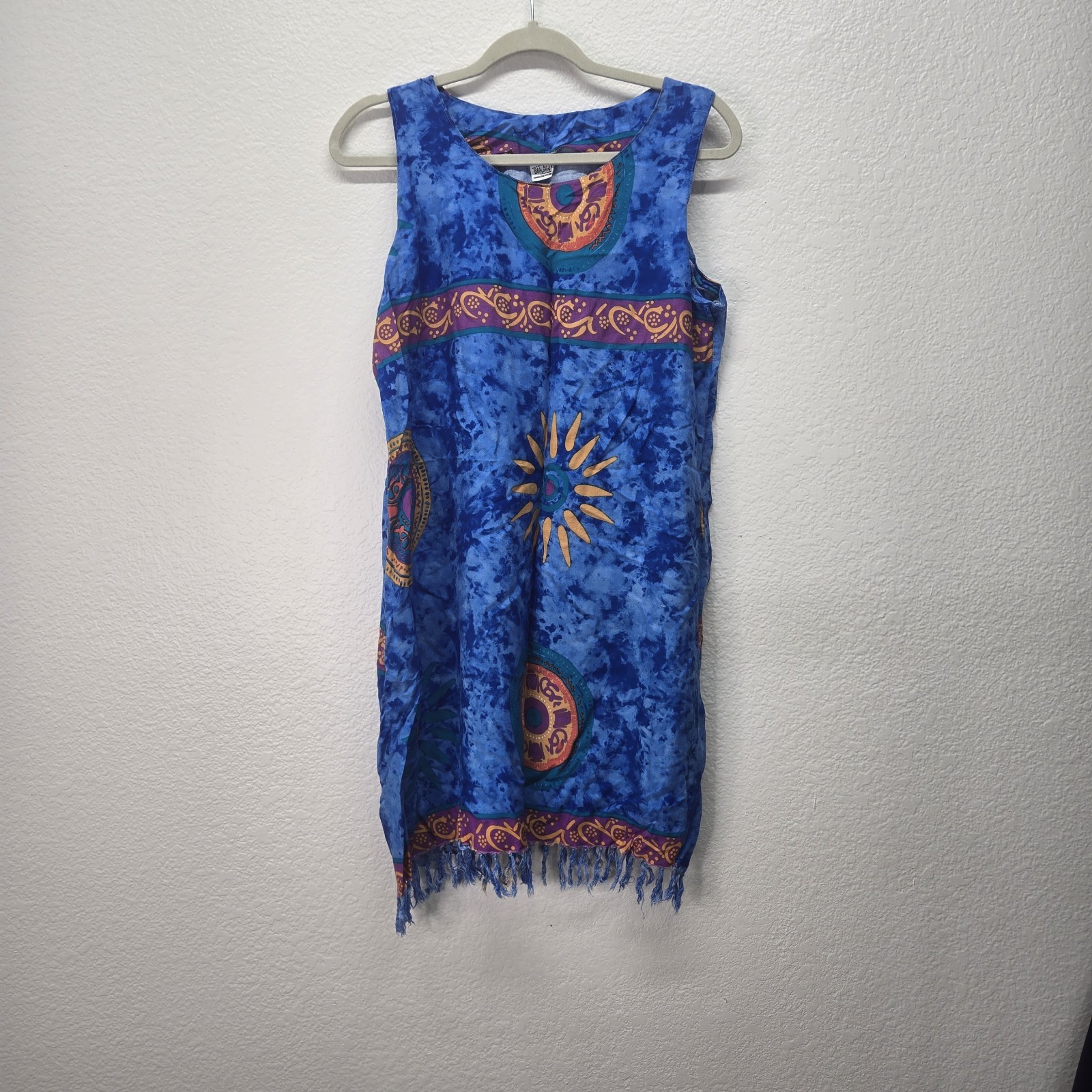 Vtg Beachwear Sun Print Tie Dye Beach Cover Up Dress Fringe Hem Hippie Boho Lrg