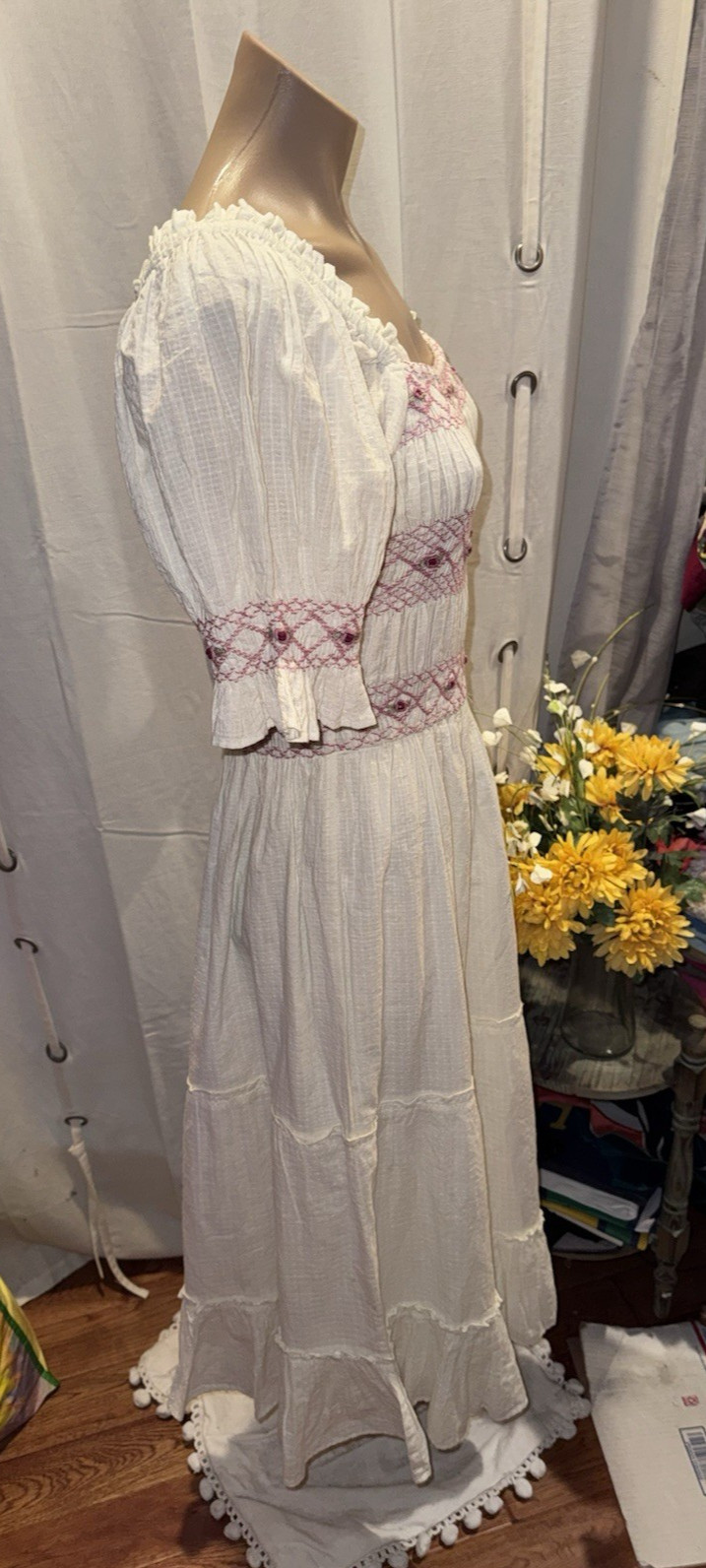 Ivy City Co. Embroidered Smocked Midi Dress Medium Ivory Romantic Cottagecore