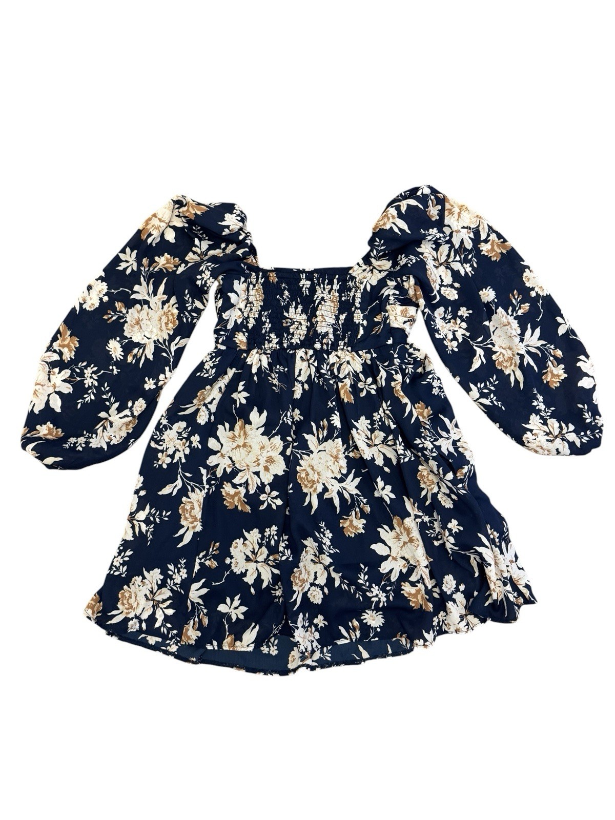 Abercrombie & Fitch XSP Navy Floral Mini Dress Puff Sleeve Smocked Back Square