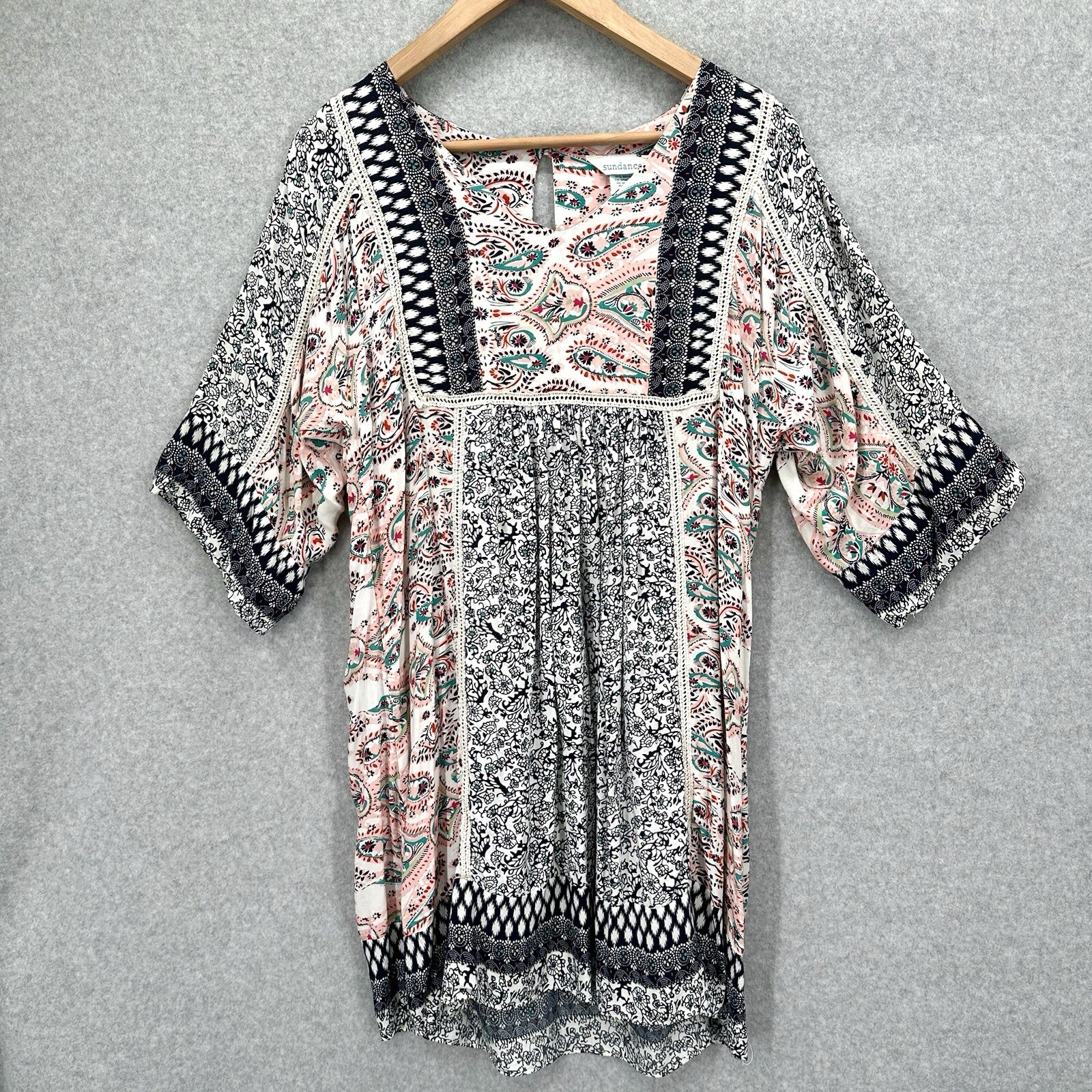 Sundance Short & Sweet Paisley Floral Dress Tunic Size Medium Boho Peasant Rayon