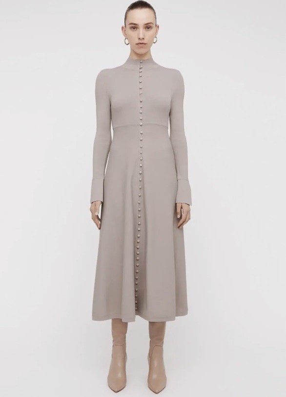Scanlan Theodore Soft Crepe Dress Size M Medium Oyster Grey Brown Midi Knit