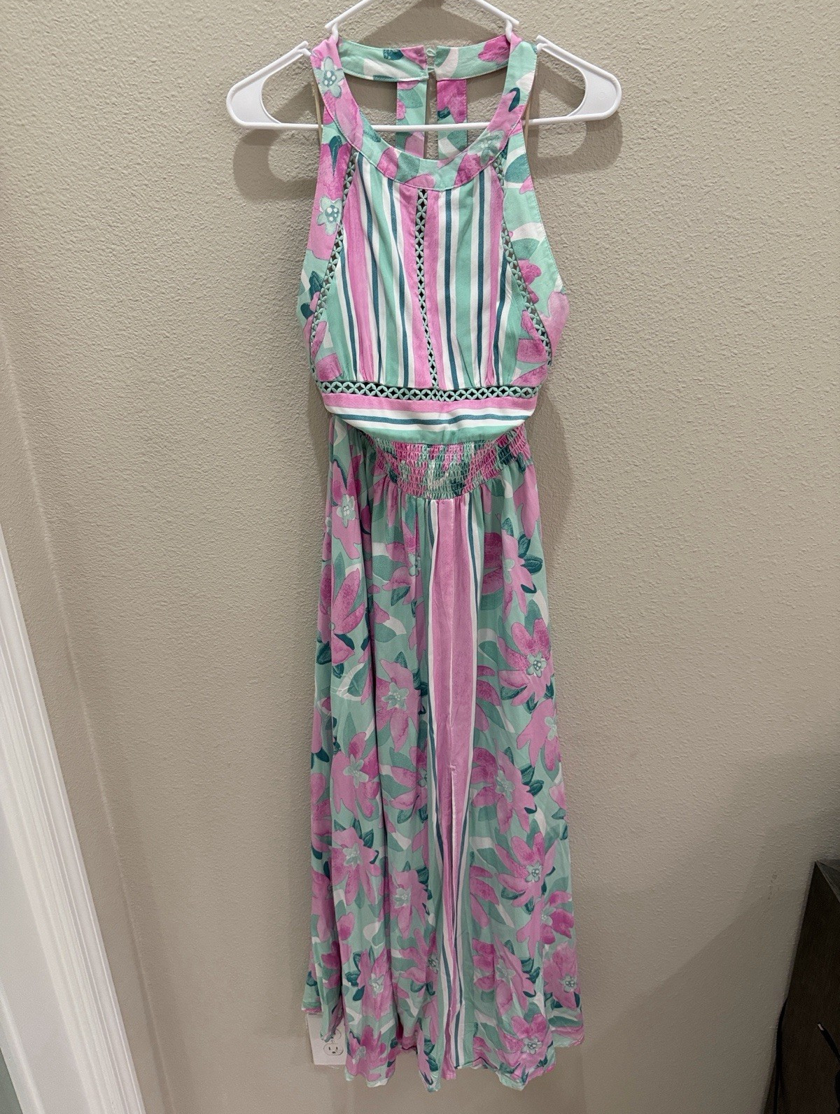 JAase Women’s Pink Green Floral Halter Sleeveless Maxi Dress, Size L