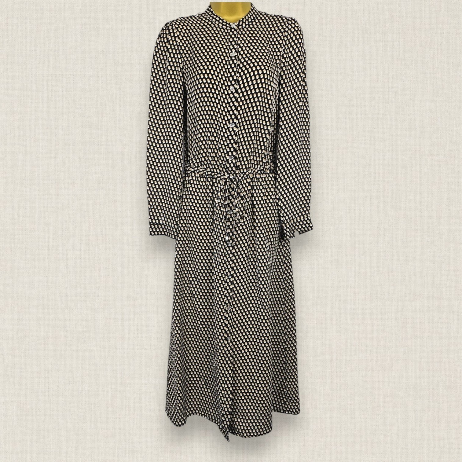 Michael Kors Beige Black Spot Maxi Dress S Button Front Belted Sheer Long Sleeve
